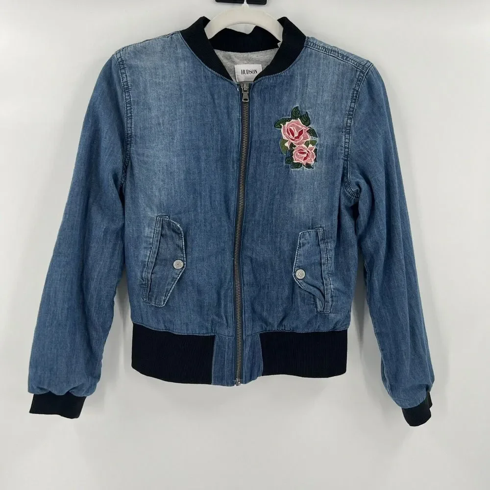 Hudson Girls‎ Denim Embroidered Roses Bomber Jacket Pockets Size Large